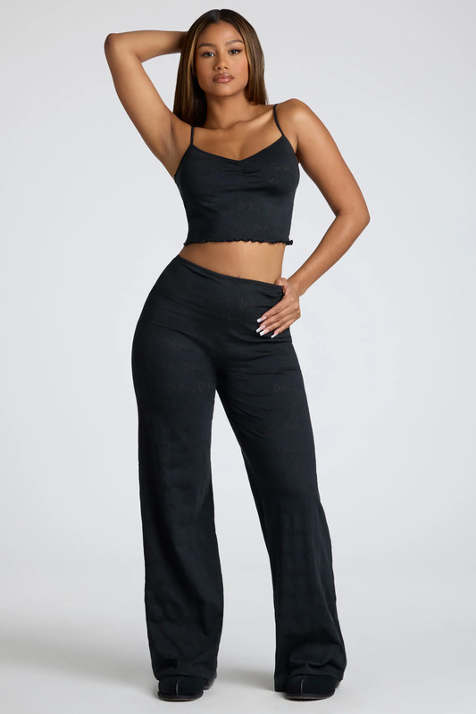 Mid Rise Straight Leg Pointelle Trousers in Black - Size:L